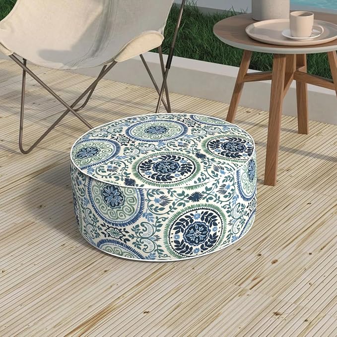 Outdoor Patio Inflatable Ottoman, 21x9 Inch Portable Stool Ottoman with Handle, Round Footrest Stool for Home Garden Camping, Celadon Wreath