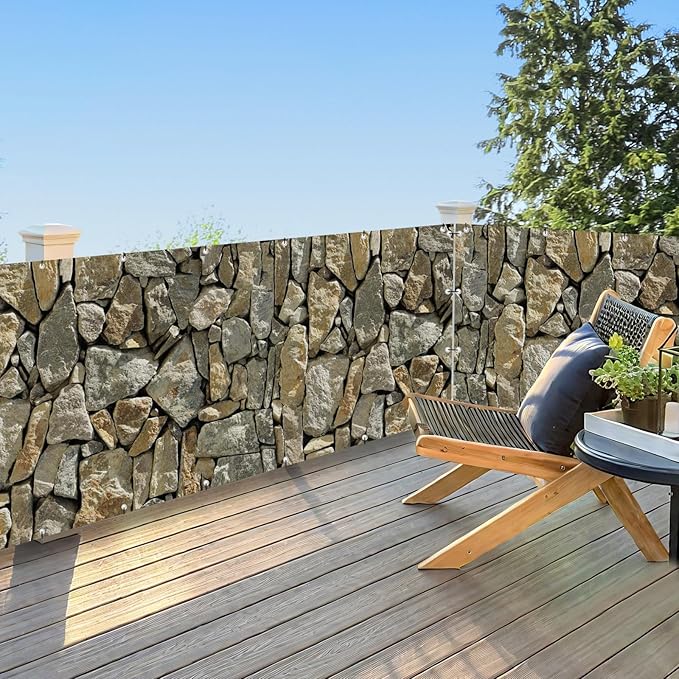 UPGRADE 3'x26'Customized PVC Privacy Fence Screen with Stone Wall Print – Outdoor Waterproof Patio Privacy Cover for Yard, Balcony, Garden Fence Decoration