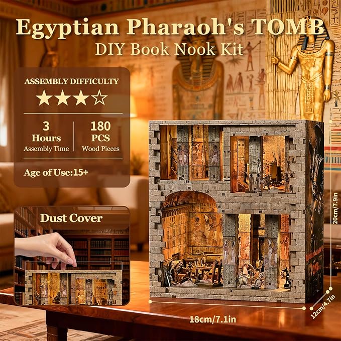 fifijoy Book Nook Kit - Egyptian Pharaohs Tomb DIY Miniature House Kit for Adults and Teens, Dollhouse BookNook Tiny House, Bookshelf Decor 3D Wooden Puzzle, Unique Gifts for Family and Friends