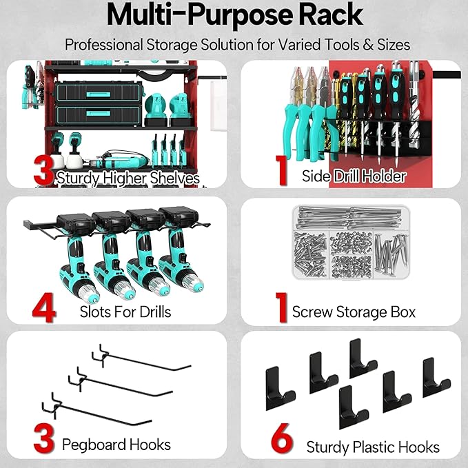 4 Layer Heavy Duty Power Tool Organizer Wall Mount with Charging Station, Adjustable Metal Storage Rack, 6 Outlets Power Strip, Drill Holders, Hooks & Drill Bit Rack for Garage, Workshop, Red