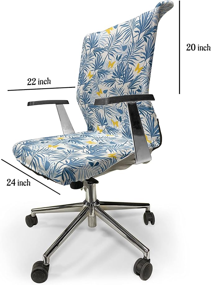 Ambesonne Tropical Office Chair Cover, Exotic Palm Leaves and Butterflies, Stretchable Decorative Universal Size High Back Printed Slipcover, Blue Azure