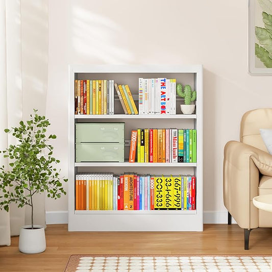 3-Tier Bookshelf with Adjustable Shelf, Metal Bookcase with Anti-Tip Kit & Book Stopper, 39.4" H Inch Small Bookcase for Living Room, Office, Small Spaces (White(3-Tier Bookshelf))