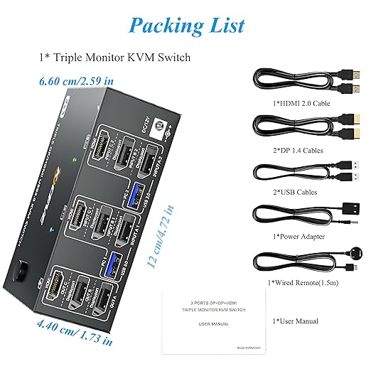 8K@60Hz HDMI DisplayPort KVM Switch 3 Monitors 2 Computers 4K@144Hz Triple Monitor KVM Switches 2 PC Share 3 Monitor and 4 USB3.0 Devices with 2 DP+1 HDMI+2 USB Cables/Power Adapter/Controller