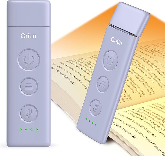 Gritin Book Light Rechargeable, Eye Caring 3-Color & 5-Brightness Clip on LED Reading Light for Books in Bed- Stepless Dimming, Long Lasting, Compact Size Flexible Book Lamp for Bookworms-Purple