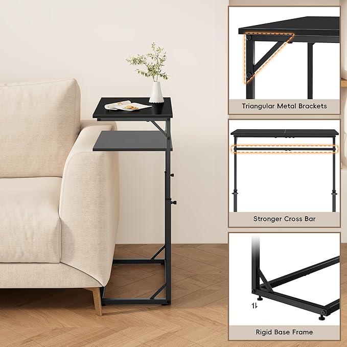 Vagusicc C Shaped End Table, 33"Tall Side Table for Couch, C-Table Sofa Table Adjustable Height Side Table, Large Surface Slide Under Couch Table, Coffee Table TV Tray for Living Room, Bedroom, Black