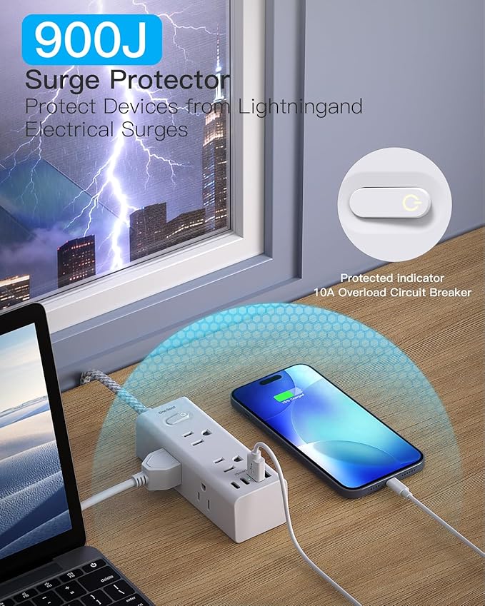Flat Plug Extension Cord 6 Ft, One Beat 6 Feet Surge Protector Power Strip with 6 Widely Outlets 4 USB Ports (2 USB C), 3 Way Wall Outlet Extender Extension Cord for Home Office College Dorm Room