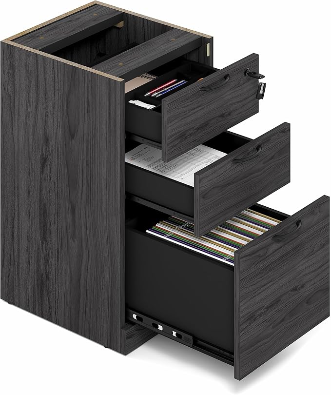 Furinno Roger File Cabinet, 3-Drawer Fixed Pedestal Filing Cabinet with Lock, Soft-Close Drawers with Drawer Organizer, for Home Office, Coastal Grey