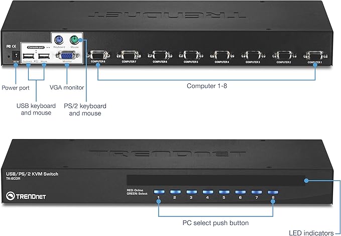 TRENDnet 8-Port USB/PS2 Rack Mount KVM Switch, TK-803R, VGA & USB Connection, Supports USB & PS/2 Connections, Device Monitoring, Auto Scan, Audible Feedback, Control up to 8 Computers/Servers