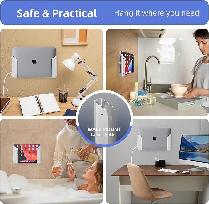 ELETIUO Wall & Under Desk Laptop Mount Holder–Adhesive & Screw in,1.02"/ 26 mm,Anti-Scratch Pads,Universal for MacBooks,Surface,Keyboards,Tablets,Switch &More,Matte Silver