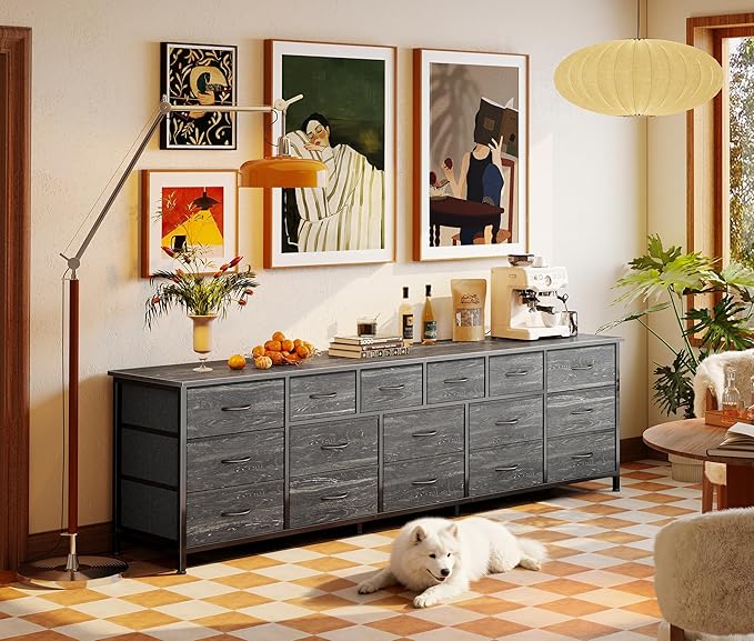 Huuger 77.6" Long Dresser for Bedroom, 16 Drawer Fabric Dresser for Closet, Wide Chest of Drawers with Storage, TV Stand for 65, 75, 85 Inch TV, 77.6" W x 12.9" D x 26.7" H, Charcoal Black
