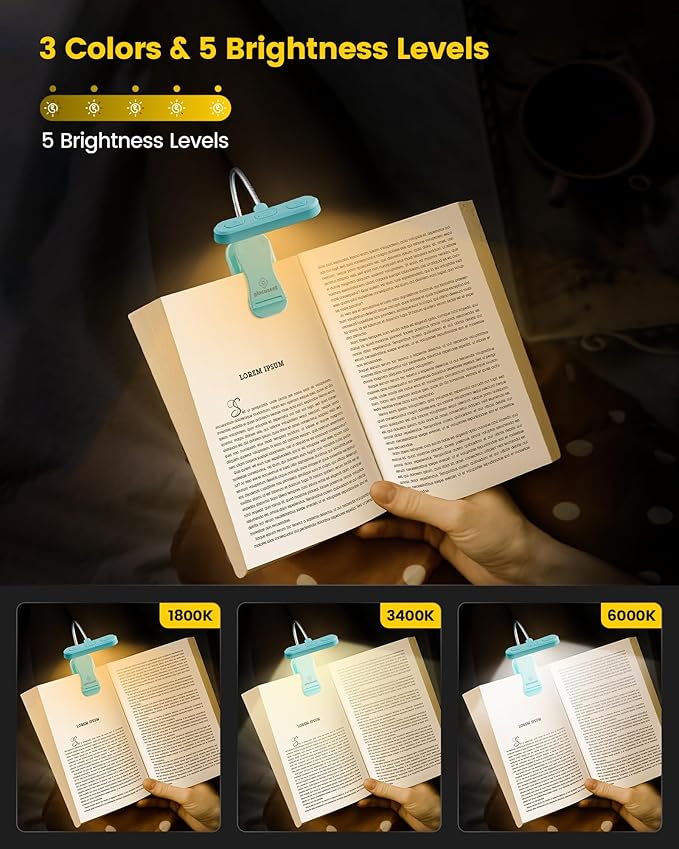 Glocusent Horizontal ET-Head Book Light for Reading in Bed, Eye Caring, CRI 95, 3 Colors & 5 Brightness, Rechargeable Long Lasting Reading Light, 1.8Oz Lightweight & Portable, Perfect for Book Lovers