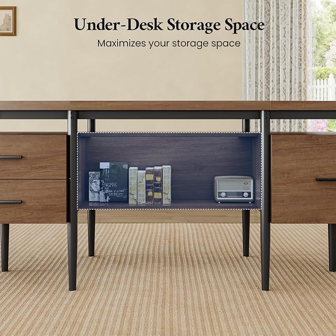 70.9" Modern Executive Desk, Wooden Computer Desk with 2 Drawers and File Drawer, Privacy Panel & Open Storage Shelf, Large Home Office Writing Desk, Brown