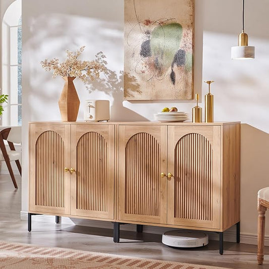 IFGET Modern Buffet Cabinet with Storage, 61.75" W Fluted Arched Sideboard Cabinet w/Adjustable Shelves, Wooden Modular Coffee Bar for Dining Room, Kitchen, Living Room, Entryway, Natural