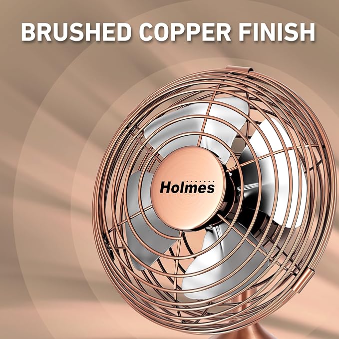 HOLMES 4" Mini Heritage Desk Fan, USB-Powered, Single Speed, 4 Blades, Adjustable 100° Head Tilt, Metal Construction, Ideal for Home, Dorm Rooms, Bedrooms, Office or Travel, Vintage Brushed Copper
