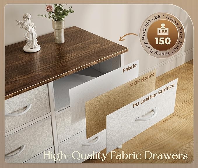 Huuger 77.6" Long Dresser for Bedroom, 16 Drawer Fabric Dresser for Closet, Wide Chest of Drawers with Storage, TV Stand for 65, 75, 85 Inch TV, 77.6" W x 12.9" D x 26.7" H, Farmhouse White