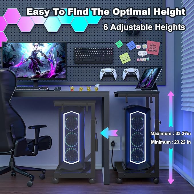 Height Adjustable Computer Tower Stand with Charge Station and USB Charging Port, 2-Tier ATX-Case Cart, Under Desk Mobile PC Stand, CPU Holder Cart with Locking Caster Wheels for Fits Most PC