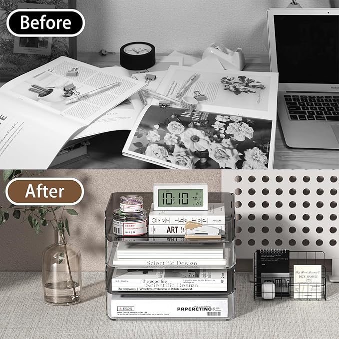 FANXIYQ 4-Tier Horizontal Acrylic Paper Tray Organizer | Clear Stackable Desk Organizer for Documents, Letters, A4 Paper | Modern Office/Classroom/Home Organization,Clear&Brown