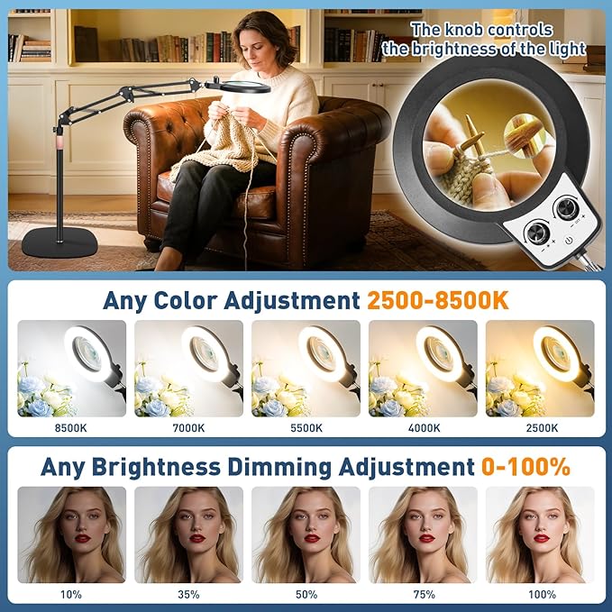 KIRKAS 30X 12X Magnifying Glass with Light and Stand, Stepless Brightness Color Modes & Adjustable Height Floor Magnifying Lamp, 2 in 1 Lighted Magnifier for Craft Reading Sewing Close Work- Black