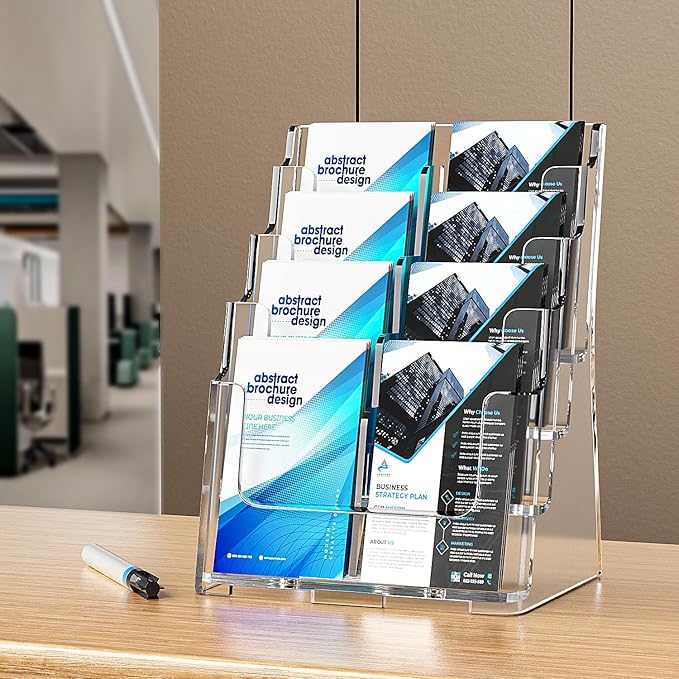 FUCDTEFC 2 Pack Acrylic Brochure Holder 8.5x11 & 4 x9 Inches, Clear 4 Tier Magazine Holder Brochure Display Stand w Removable Divider, Literature Pamphlet Flyer Holder for Wall Mount or Countertop