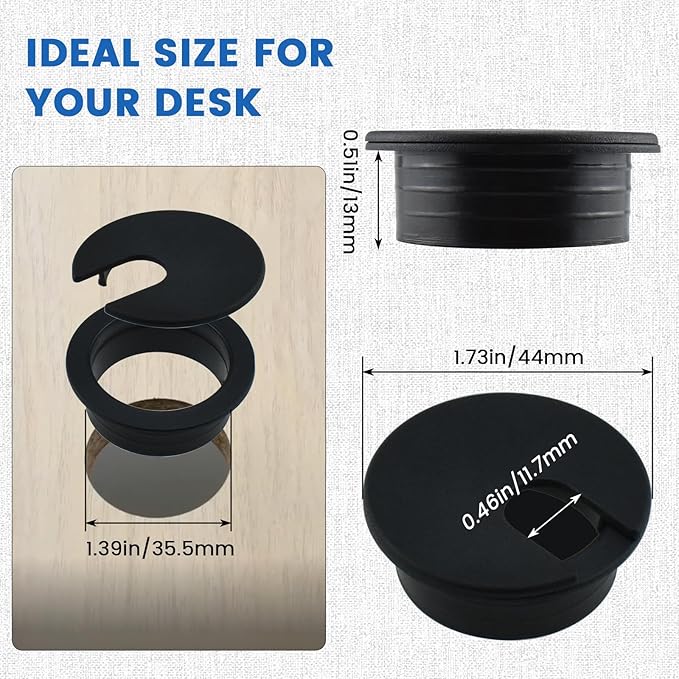 SDTC Tech 1-3/8 inch (35mm) Plastic Desk Cable Cord Hole Cover Grommet Office PC Desk Black Wire Organizer - 3 Pack