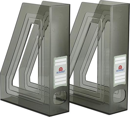 Acrimet Magazine File Holder Bin Storage, Vertical Rack for Documents, Folders and Mail, Durable Plastic Desk Organizer for Office & Home (Clear Gray Color) (2 Pack)