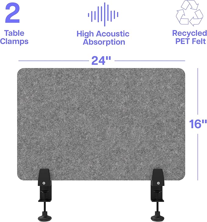 ReFocus Raw Clamp-On Acoustic Desk Divider, Noise-Reducing PET Privacy Panel for Offices, Sound-Dampening Desk Screen for Focused Work, Easy Installation Workspace Divider (24" × 16", Castle Gray)