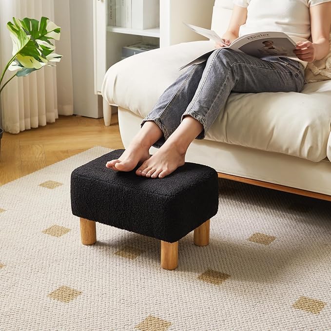 YMYNY Ottoman, Modern Footrest with Soft Padded Seat, Foot Stool with Wood Legs, Small Square Pouf Under Desk for Living Room Bedroom Office 15.74" D×11.41" W×9.84" H Black UHBD030B