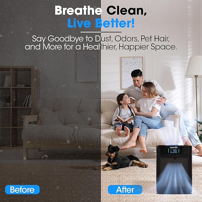 SereneLife Air Purifier for Home - Smart Room Air Purifier with Sleep and Automatic Modes, WiFi and App Control, Ultra Quiet, Removes Dust, Pet Hair and Odor for Large Rooms up to 1,076 Sq Ft (Black)