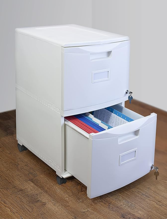 Storex Plastic Two-Drawer Mobile Pedestal File Cabinet – Locking Document Organizer with Casters for Home and Office, White, 1-Pack (61316A01C)