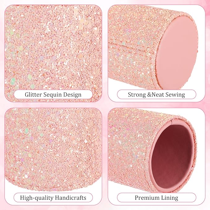 BBTO Bling Sequin Pen Holder with 6 Pcs Sequin Click Pens Cute Glitter Retractable Ballpoint Pens, Pencil Cups for Desk Organizer Makeup Brush Holder for Women Girls Classroom Offices(Light Pink)