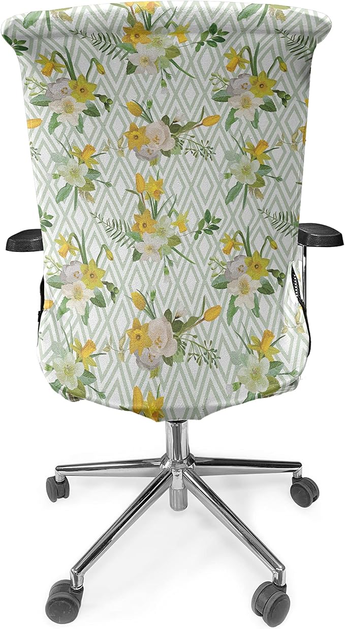 Ambesonne Watercolor Office Chair Cover, Diamond Pattern Blooming Floral Arrangement Petals and Leaves, Stretchable Decorative Universal Size High Back Printed Slipcover, Green Yellow