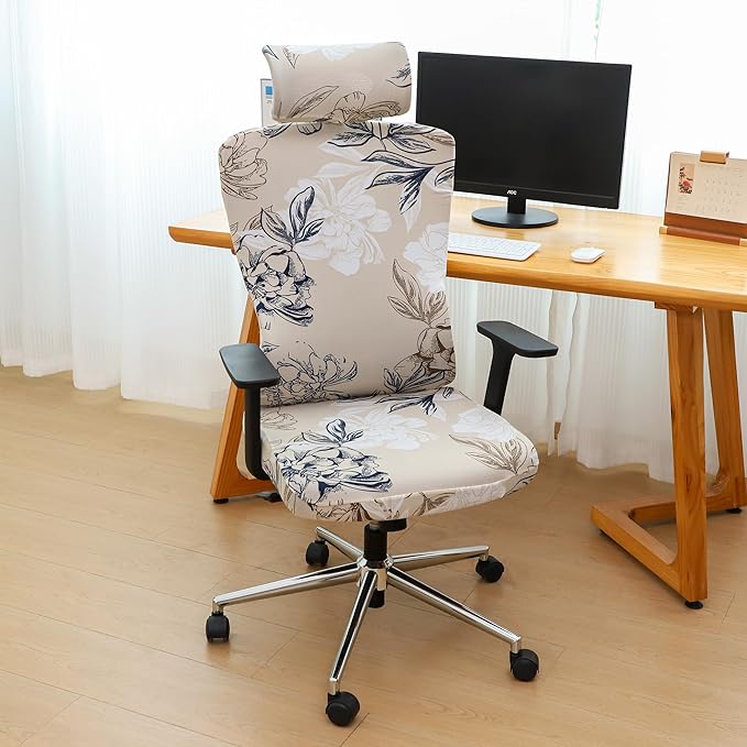 Ergonomic Office Chair Covers Set with Headrest Cover Floral 2 Pieces Stretch Desk Computer Office Chair and Headrest Slipcovers Washable