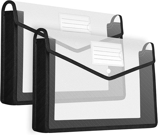 HOUYEE 2 Pack Plastic Expanding File Folder, Envelope File Folder Organizer Holder with Snap Closure, Expandable File Wallet Large Capacity, Fit Letter Size/A4 Documents（Clear with Black Trim）