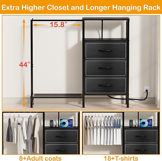 Dresser for Bedroom with Hanging Rack, 3 Drawers Closet with Charging Station, Fabric Chest of Drawers with Clothes Rack, Storage Organzier for Hallway Entryway, Black