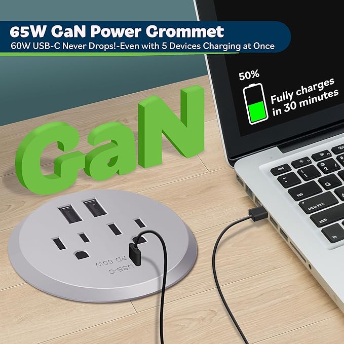 TOPGREENER Desktop Power Grommet with 60W PD for MacBook, GaN Desk Grommet with 1 Fast Charging USB-C Port, 2 USB-A Ports and Duplex Receptacles, TTRP48APD60-SV, Silver