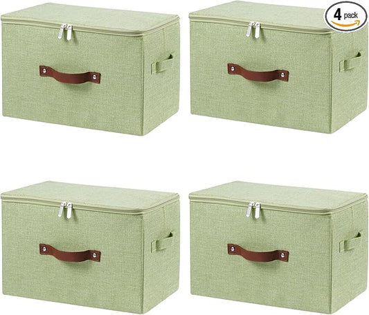 4 Pack Storage Bins with Zipper Lid Cotton Linen Fabric Lidded Storage Baskets Boxes Foldable Washable Closet Shelf Clothes Organizer Container with PU Leather Handles (Green, Large)