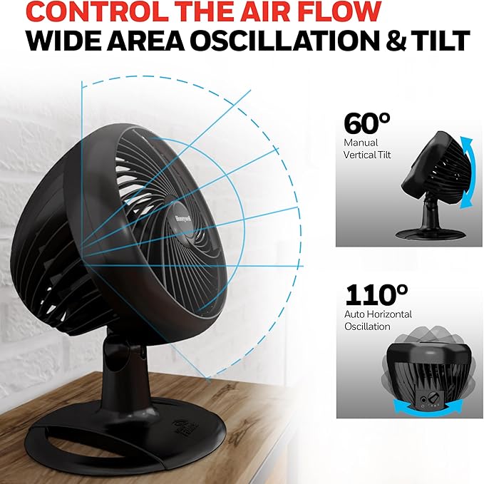 Honeywell Fan, Turbo Force Oscillating Table Fan with 3 Speeds, Air Circulator for Bedroom, Black, HT-906