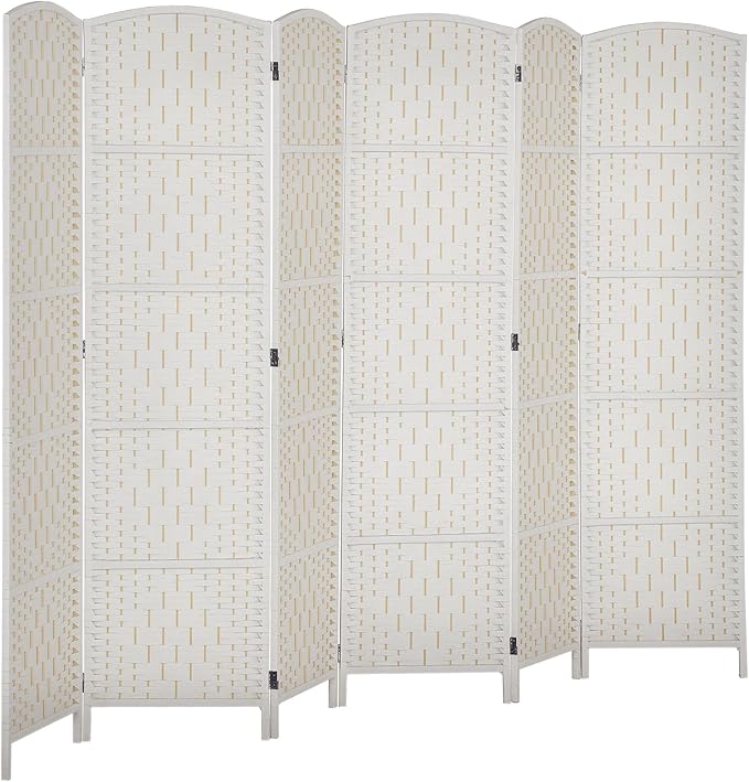 HOMCOM Room Divider 6 Panel, 6FT Tall Folding Privacy Screen, Freestanding Hand-Woven Partition for Room Separation with 360° Hinges, Paper Rope Diamond Weave, White