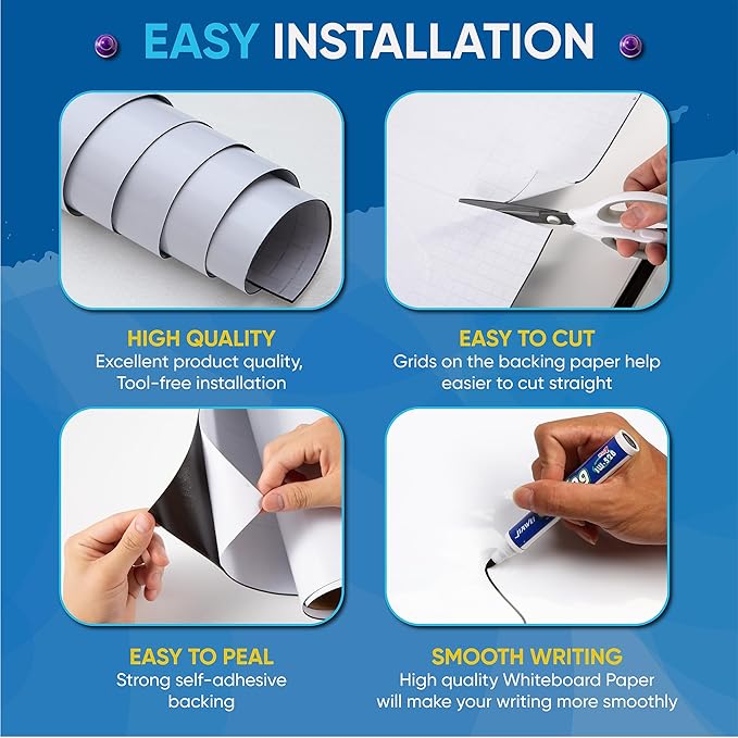 Magnetic Whiteboard Sticker - Adhesive Backing 24'' x 16'' Dry Erase Board for Wall Whiteboard Contact Paper for Office Home Door Include Marker Magnet Eraser