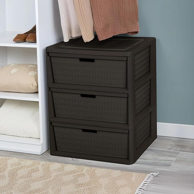 Brown Storage Drawer, 3 Drawer Plastic Weave Wide Tower with Pull Handles