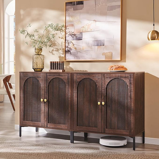 IFGET Modern Buffet Cabinet with Storage, 61.75" W Fluted Arched Sideboard Cabinet w/Adjustable Shelves, Wooden Modular Coffee Bar for Dining Room, Kitchen, Living Room, Entryway, Brown