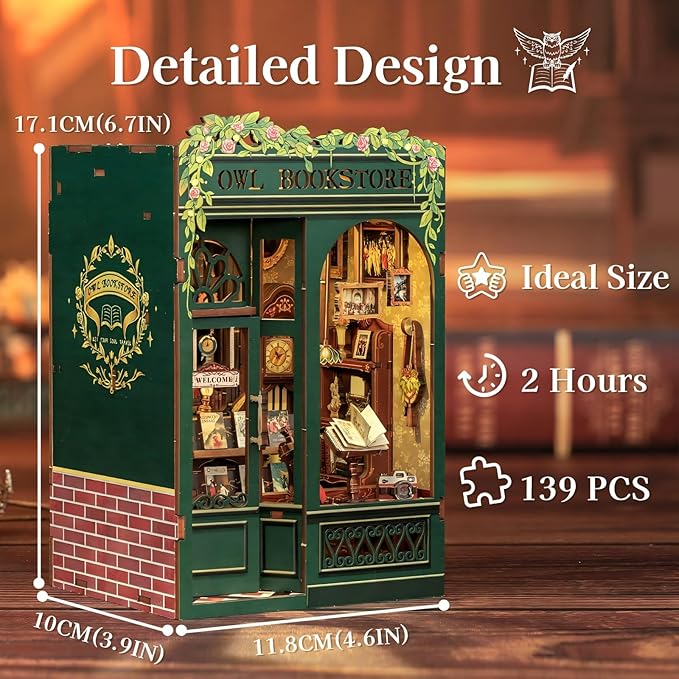 Fsolis Book Nook Kit, Booknook 3D Wooden Puzzles for Adults DIY Bookshop Model Diorama Bookshelf Miniature Kit Mini House Building, Gifts for Book Lovers Readers Book Worms（OWL Bookstore）