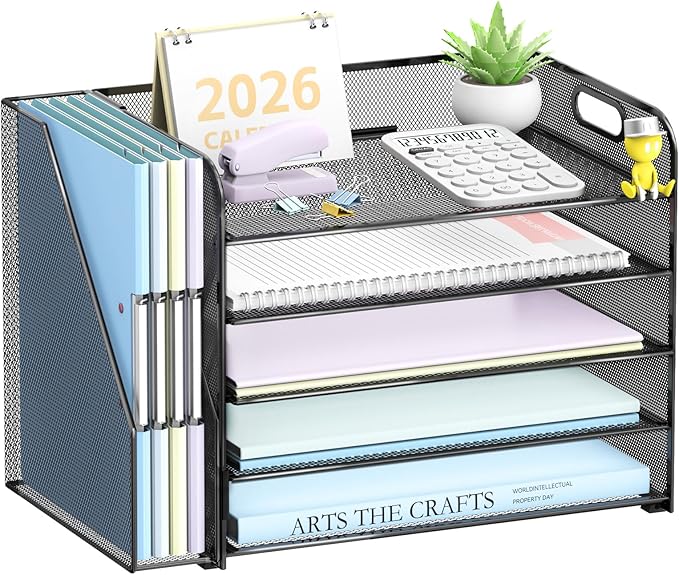 SUPEASY 5-Tier Desk Organizer with File Holder, Desk Organizers and Accessories, Paper Organizer for Desk, Mesh Desktop File Organizer, Workspace Organizers for Office Home School Classroom, Black