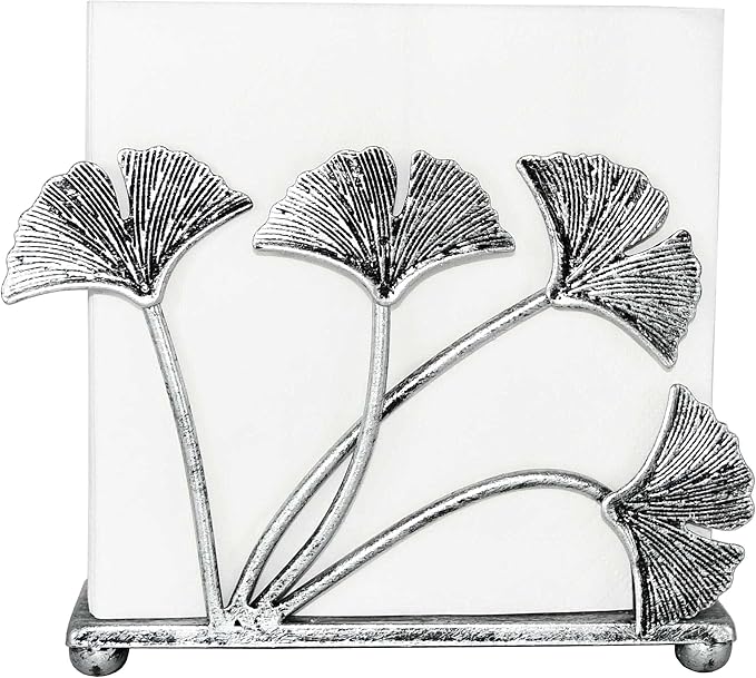 OwlGift Modern Ginkgo Leaves Design Napkin Holder for Tables, Metal Paper Napkin Storage for Kitchen, Stylish Paper Towel Dispenser, Mail Letter Sorter Rack, Document File Organizer – Silver