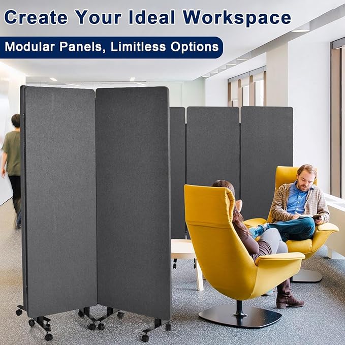 3-Panel Soundproof Room Divider with Wheels, 72inch Room Divider Privacy Panel, Heavy-Duty Acoustic Partition Temporary Wall for Noise Reduction, Portable Divider for Home, Classroom, Dark Grey