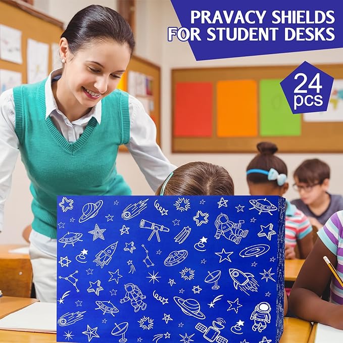 Harloon 24 Pcs Privacy Boards for Student Desk Dividers for Students Cardboard Privacy Folders Classroom Study Carrel Dividers Bulk Folder for Test Reduces Distraction (Blue Space)