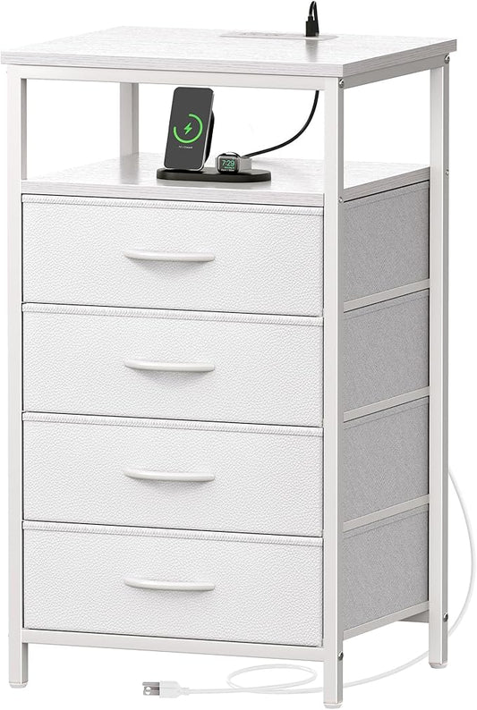 Huuger Night Stand with Charging Station, Multiple Drawer Dresser for Bedroom, Bedside Table, Tall Nightstand with PU Leather Finish, Open Shelf, End Table, for Closet, Entryway, Bedroom, White