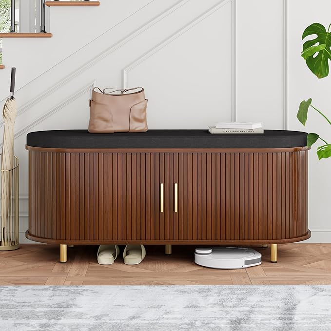 DHH 2-Tier Storage Bench,Wide Shoe Bench with Thickened Padded Seat Cushion, Mid Century Modern Fluted Sliding Door and Adjustable Shelf, for Entryway, Living Room, Bedroom (Walnut, 43.3“)