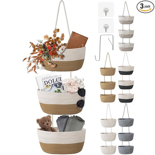3 Tier Wall Mounted Woven Hanging Basket, Over the Door Hanging Basket with Hooks, Decorative Storage Hanging Closet Removable, Large Wall Basket for Living Room, Bedroom (White & Brown)