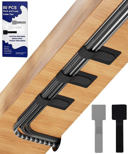 80PCS Hook and Loop Cable Ties, Under Desk Cable Management, Adhesive Cable Straps, Cord Management Hider Idea, Cord Organizer for Desk, Computer Accessories, Home Office Organization, Black+Gray